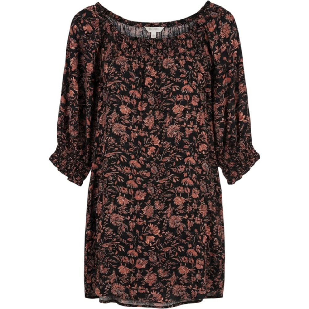 Smocked Off-Shoulder Dress in Black with Coral Floral‎ Cottagecore Boho Style